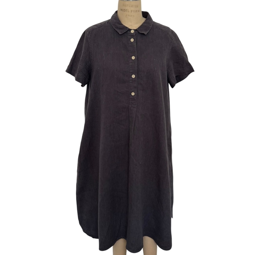 Toast Short Sleeve Shirt Dress Size 16 100% Linen Pinstripe Gray Pockets